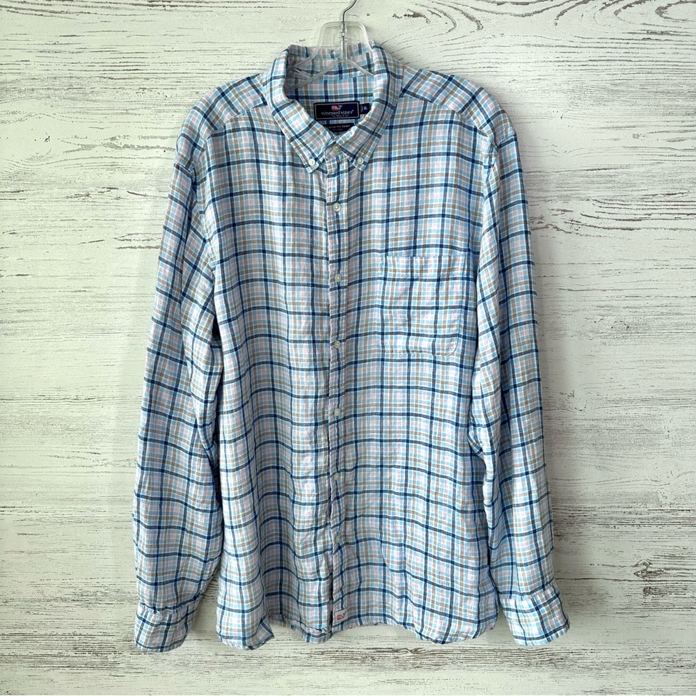 VINEYARD VINES 100% Linen Classic Fit Check Pastel Plaid Button Down Shirt XL